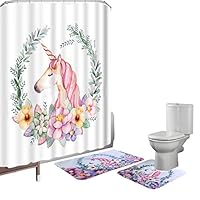 Amagical 15 Pieces Shower Curtain Set Bathroom Mat Set Unicorn Printed Bath Mat + Contour Mat + Shower Curtain + 12 Hooks