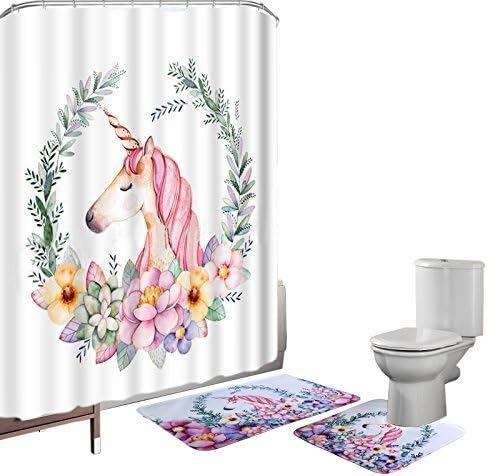 Amagical 15 Pieces Shower Curtain Set Bathroom Mat Set Unicorn Printed Bath Mat + Contour Mat + Shower Curtain + 12 Hooks