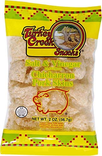 Turkey Creek - America's Best Fried Pork Skins, offers a 12-Bag Straight Pack of its Salt & Vinegar Pork Rinds. These Pork Skin Chips(Chicharrones) are packed with Salt & Vinegar 12-2.0 oz bags.