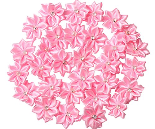 YAKA 60pcs Pink Satin Ribbon Flowers Bows Rose w/Rhinestone Appliques Craft Wedding Ornament 1.1inch