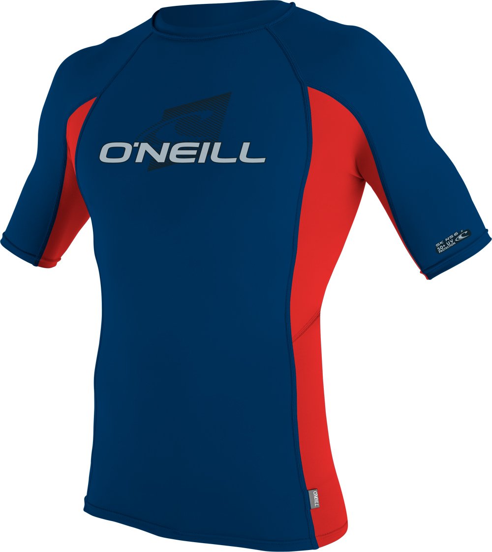 O'Neill Boy's Skins Short Sleeve Crew Rash Guard Nylon Elastane T-Shirt - Deep Sea/Red/Deep Sea, Size 14
