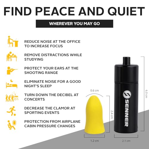 Senner SchaumPro Hearing Protection for a Peaceful Sleep or Protection at Work - Earplugs with High Noise Insulation (SNR) of 35 dB, Receives Alarm Tones, 60 Pairs with Aluminium Container for Transport