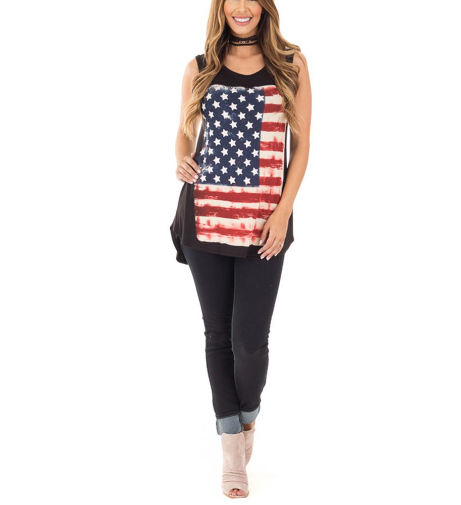 Mycherish Women Striped Tshirt American Flag Printed Sleeveless Tee Tank Tops Large