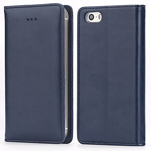 iPhone SE Case, iPhone 5S Case, IPHOX Magnetized Closure Card Slots Money Pouch, Retro Leather Wallet Case Purse Protective Cover Stand Feature Flip Book Case for iPhone 5s / 5 / SE (Blue/E)