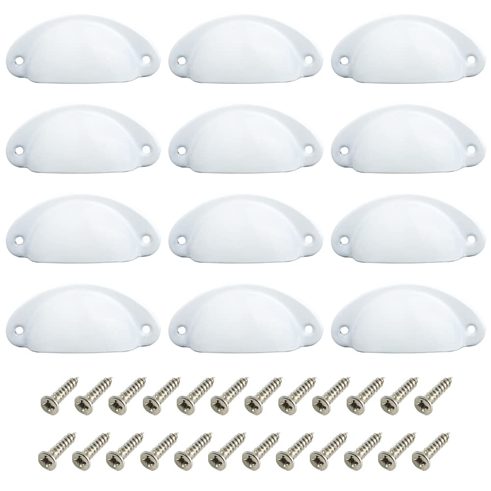 CEEYSEE 12Pcs Cup Handles for Drawers 81 X 35mm Shell Pull Handles Vintage Antique Drawer Semicircle Handle Furniture Door Knobs Handles with Screws (KLSB/White)