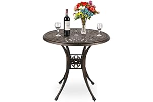 TITIMO 31" Diameter Round Cast Aluminum Dining Table,Outdoor Patio Bistro Table with Umbrella Hole Conversation Table