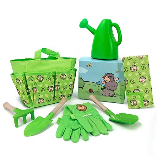 Jardineer Kids Gardening Set Metal – Gardening Tools with Kids Gardening Gloves, Watering Can, Aprons and Tote Bag