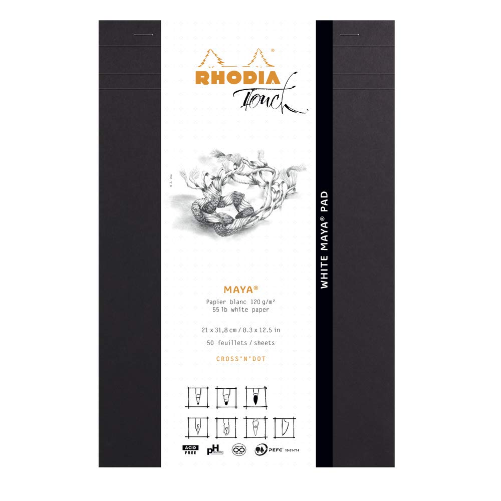 RHODIA TOUCH 116105C - White Maya Pad A4+ New Ruler Cross'N'Dot - 50 Sheets - White Maya Clairefontaine Paper 120 g/m - for Calligraphy and Drawing in Pencil, Liner, Pen
