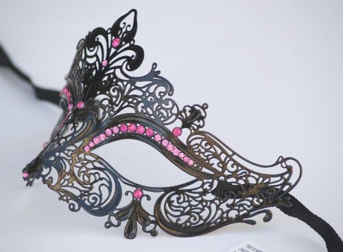 Mysterious Black Laser Cut Mardi Gras Masquerade Metal Mask w/ Pink Diamonds