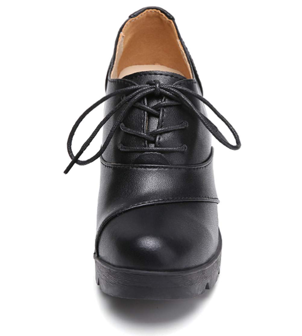 DADAWEN Women's Classic Leather Lace Up Platform Chunky Mid-Heel Round Toe Oxfords Dress Pumps Black US Size 9 - Image 4