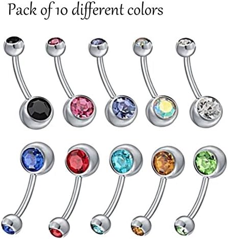 CINEEN 10 Piece Stainless Steel Assorted Colors Belly Ring Body Jewelry Piercing 10 Pack Created with Swarovski Crystals