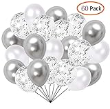 60 Pcs Pack-White, silvery, silvery Confettii Balloons with Ribbon，Set for Father's Day Weddings Birthday Party Decoration,Bridal & Baby Showers Balloons 12 Inch