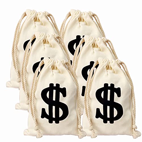 6pack 6.3 x 9 Inches Money Bag - Prop Dollar Sign Carrying Sack for Toy Party Favor, Bank Robber Pirate Cowboy Cosplay Theme Party