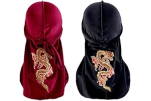 2 Pack Mens Velvet Durag Dragon Wave Cap Stretchable Long Tail Dorag Headwrap for 360 Waves