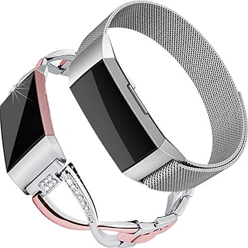 Oitom Metal Bands Compatiable with Charge 3 Women Men,2 Pack 1 Bling Fashion Band+1 Adjustable Stainless Steel Band(Small 2 Silver/Rose Gold)