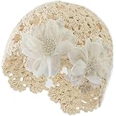Women Flower Knitted Hat Cotton Crochet Skull Cap Handmade Knit Floral Beanie Hat Stretchy Knitted Crochet Hat Beige