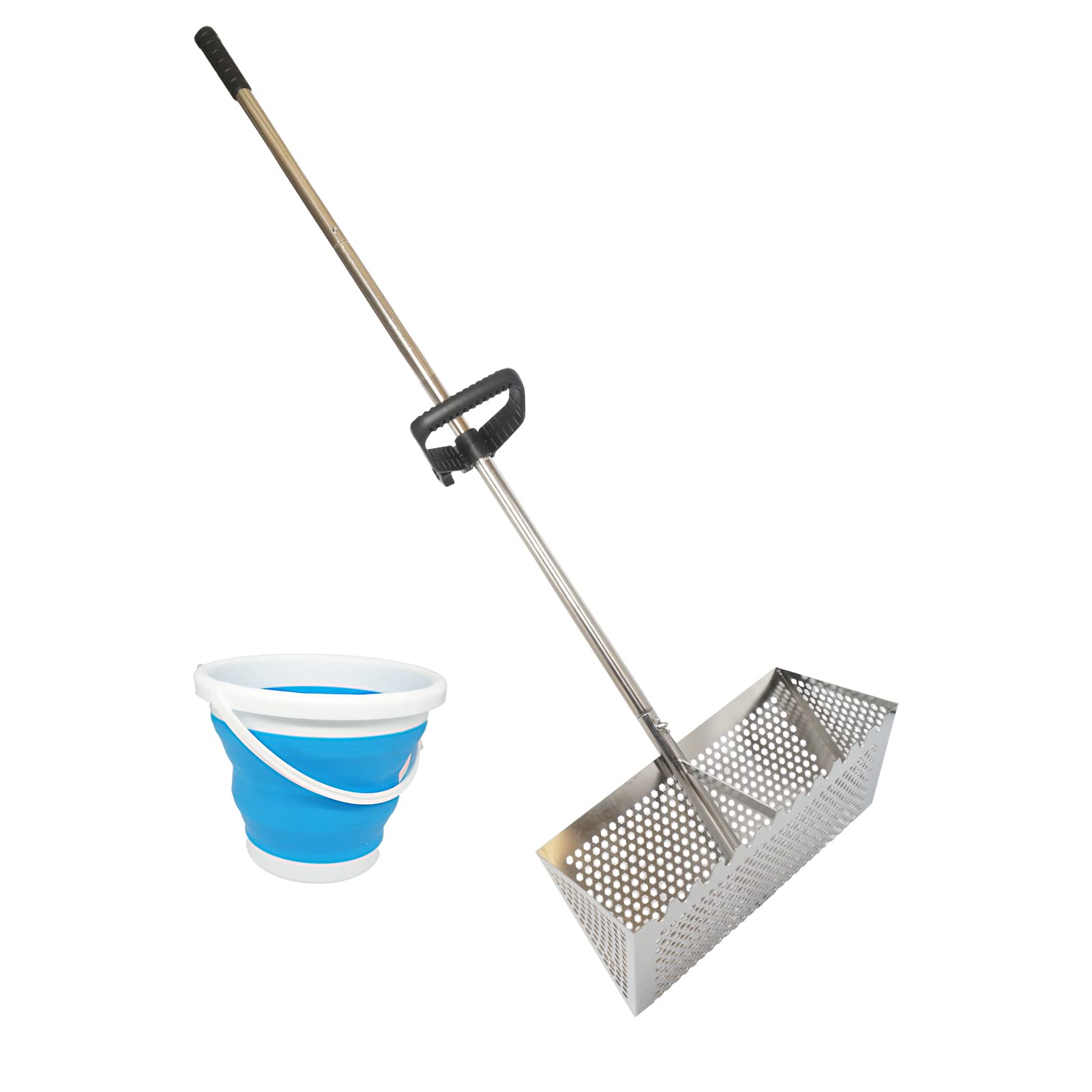 Photo 1 of Sand Fleas Rake, Stainless Steel Sand Sifter, Detachable 47 Inches Long Handle, Collapsible Shark Tooth Sifter for Beach,Sand Crab Catcher with Foldable Pail .