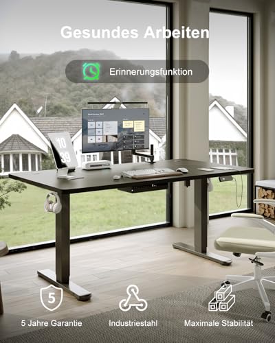 Devoko Höhenverstellbarer Schreibtisch 140x80cm mit Typ-C Ladeanschluss, Schreibtisch Höhenverstellbar Elektrisch, Mobiler Elektrisch Computertisch mit Kabel Management Tray, Schwarz thumbnail 3