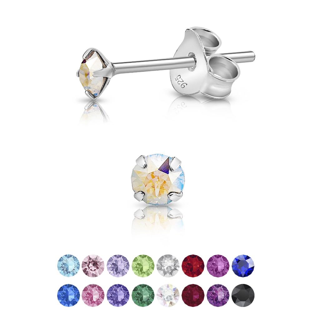 925 Sterling Silver Round Tiny Stud Earrings made with Glittering Crystals - Small Silver Studs Earrings for Woman - Diameter: 3 mm - Colour : Aurora Borealis