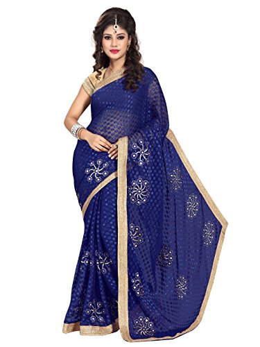 Shonaya Women's Embroidered Georgette Brasso Blue Designer Saree With Unstitched Blouse Piece