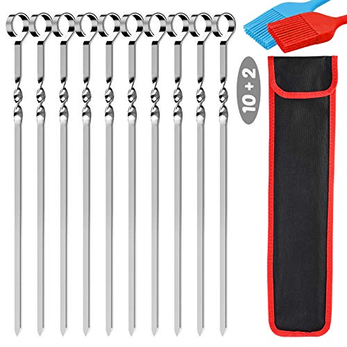 BigOtters Flat Metal Barbecue Skewers, 16.8 Inches Long Stainless Steel Sticks Reusable Grilling Skewers for Meat Shrimp Chicken Vegetable BBQ Baking, 12 PCS Including 2PCS Basting Brushes