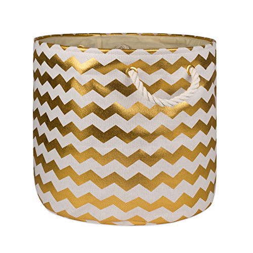 DII Collapsible Polyester Storage Basket or Bin with Durable Cotton Handles, Home Organizer Solution for Office, Bedroom, Closet, Toys, & Laundry (Medium Round - 16x15"), Gold Chevron