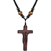 MEALGUET Handmade Wooden Crucifix Cross Necklace with Jesus - Natural Solid Wood Adjustable Braided Rope Cross Necklace for Men Women Religious Jewelry,Catholic Gift for Baptism Confirmation Easter
