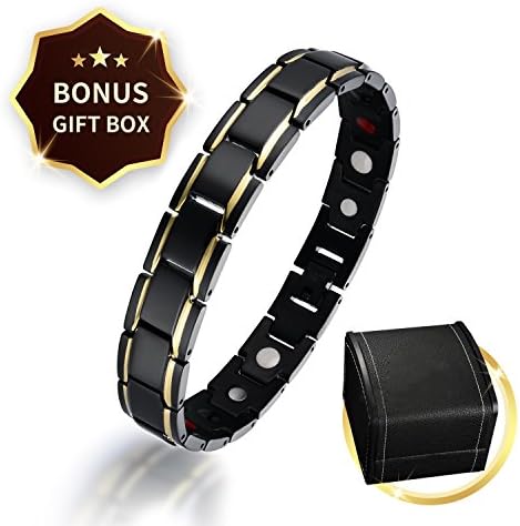 Titanium Magnetic Therapy Bracelet Mens Ladies Black Magnet Bracelet for Pain Relief Fatigue Limb Pain with Free Link Removal Tool with Deluxe Gift Box Ideal Gift for Father's Day (Black-Gold)
