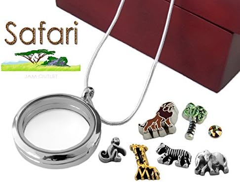 SAFARI Glass Locket w/ Jungle Lion African Floating Charms &amp; Sterling Plated Necklace