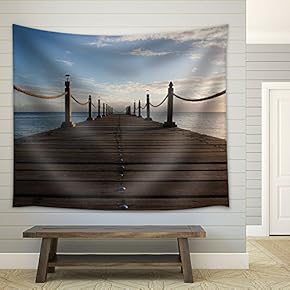 Wooden Bridge Leads to The Sea at Dusk - Fabric Wall Tapestry Home Decor - 51x60 inches