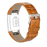 iGK Leather Replacement Bands Compatible for Fitbit Charge 2, Genuine Leather Wristbands Brown Bamboo-Grain