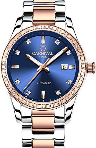 Womens 25 Jewels Automatic Gold Watches With Rhinestone Mineral Mirror Calendar Luminous Watch Blue