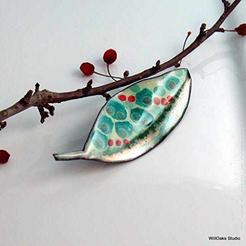 Teal and Red Copper Enameled Art Brooch, Leaf or Feather Fun Pin
