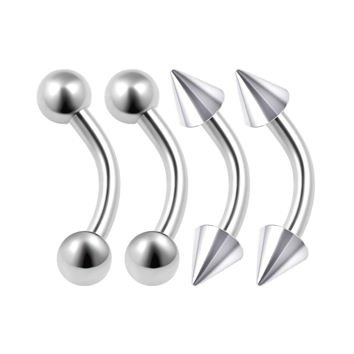 KJM FASHION 4PCS Stainless Steel Curved Barbell Bar 16 gauge 1/4 6mm 3mm Ball Spike Cartilage Earrings Eyebrow Piercing Jewellery 0374