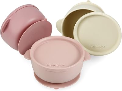 PandaEar 3 Pack Silicone Baby Bowls with Suction Lids Pink Rose Linen