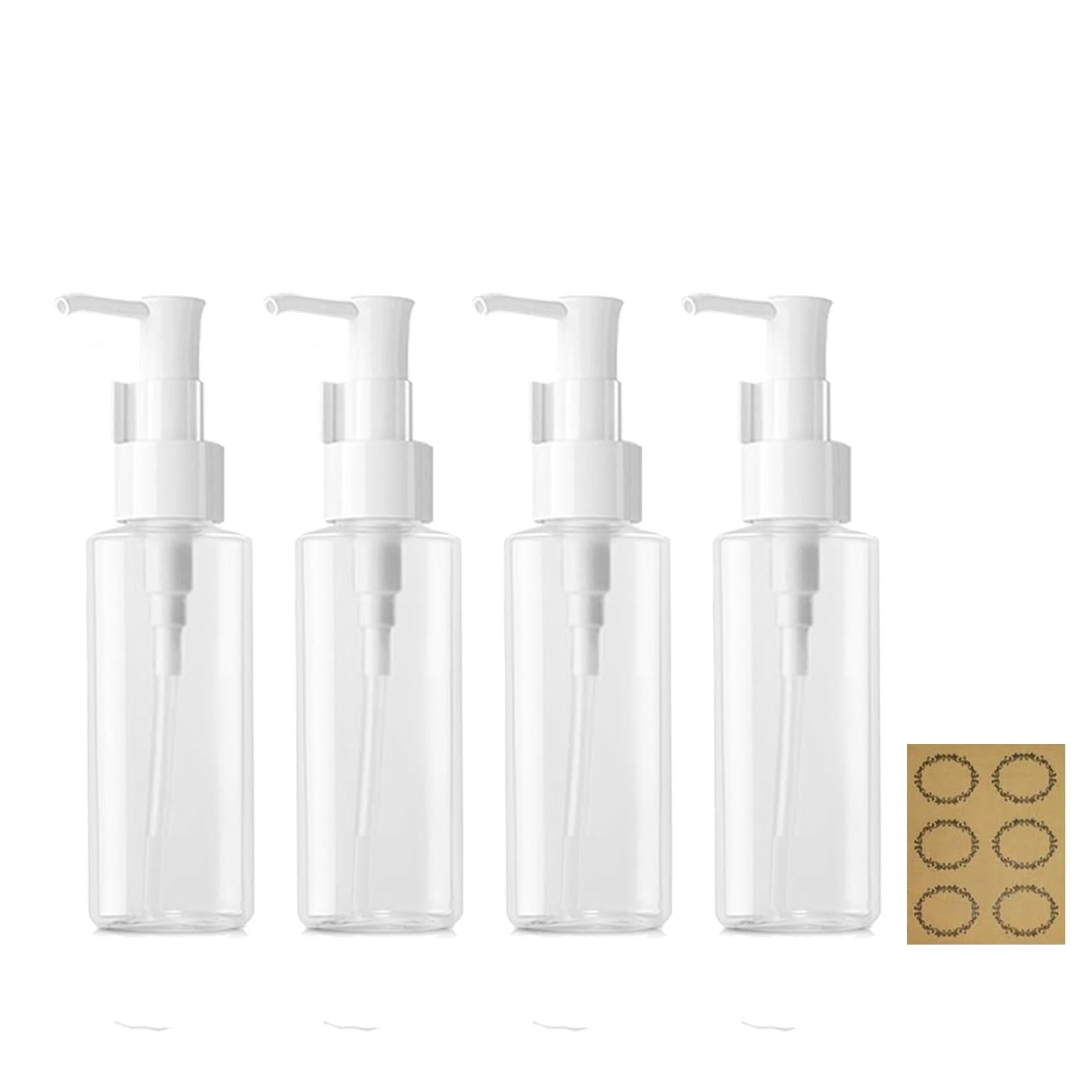 JamHooDirect 4Pcs 100ML Empty Lotion Dispenser Refillable Clear Plastic Oval Travel Bottles Makeup Cosmetic Container Dispenser with Pump Head & Labels for Gel Creams Shampoo Massage Cleansing Oil