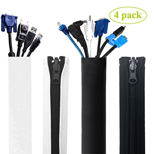 Cable Management Sleeve, Wolmund Cord Organizer System with Zipper for TV, Computer, Office, Home Entertainment, 19.5 inch Wire Wrap Flexible Cover, Reversible Black & White, 4 Pack - Thumbnail 7