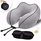 QAHEART 100% Pure Memory Foam Travel Pillow, Breathable & Comfortable Neck Pillow with Removable, Machine Washable Pillowcase, Travel Kit with Airplane Pillow, Storage Bag, Sleep Mask and Earplugs