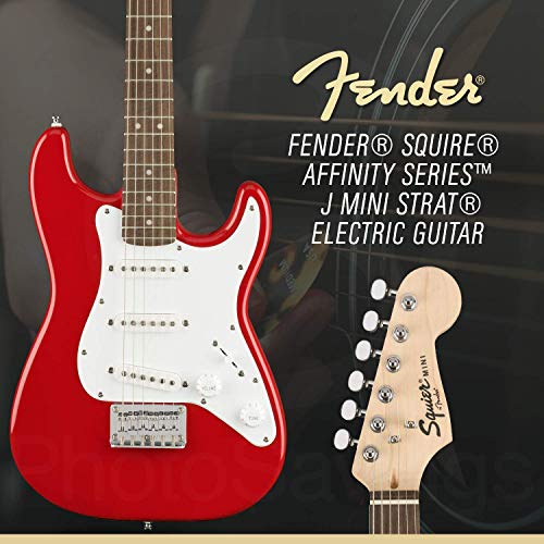 Squier by Fender Mini Strat Electric Guitar, Torino Red with Instrument Cable, Tuner, Strap, Picks, Fender Play Pre-Paid Card and Deluxe Starter Pack Bundle