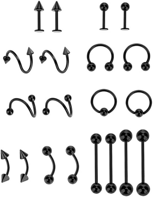 MissDaisy 20 Pcs Body Piercing Lip Nose Eyebrow Rings 16G/18G Mixed Set Spiral Piercing