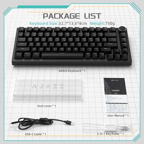 YINDIAO Ajazz AK820 Mechanical Keyboard with CNC Knob Control,75% ANSI Layout,81Keys Gasket Mount Wired Gaming Keyboard,5 Sound Absorbing Foam,Hot-swap Red Switch,White Backlit,for PC,MAC (Black)
