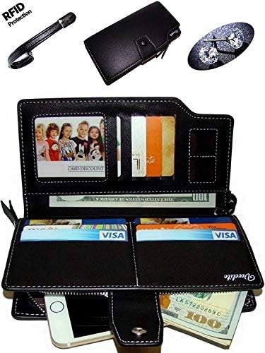 Black Wallet for Women RFID Blocking - Soft Leather - Ladies Bifold - Long Travel Clutch - Large Capacity - Card Organizer - Phone Holder