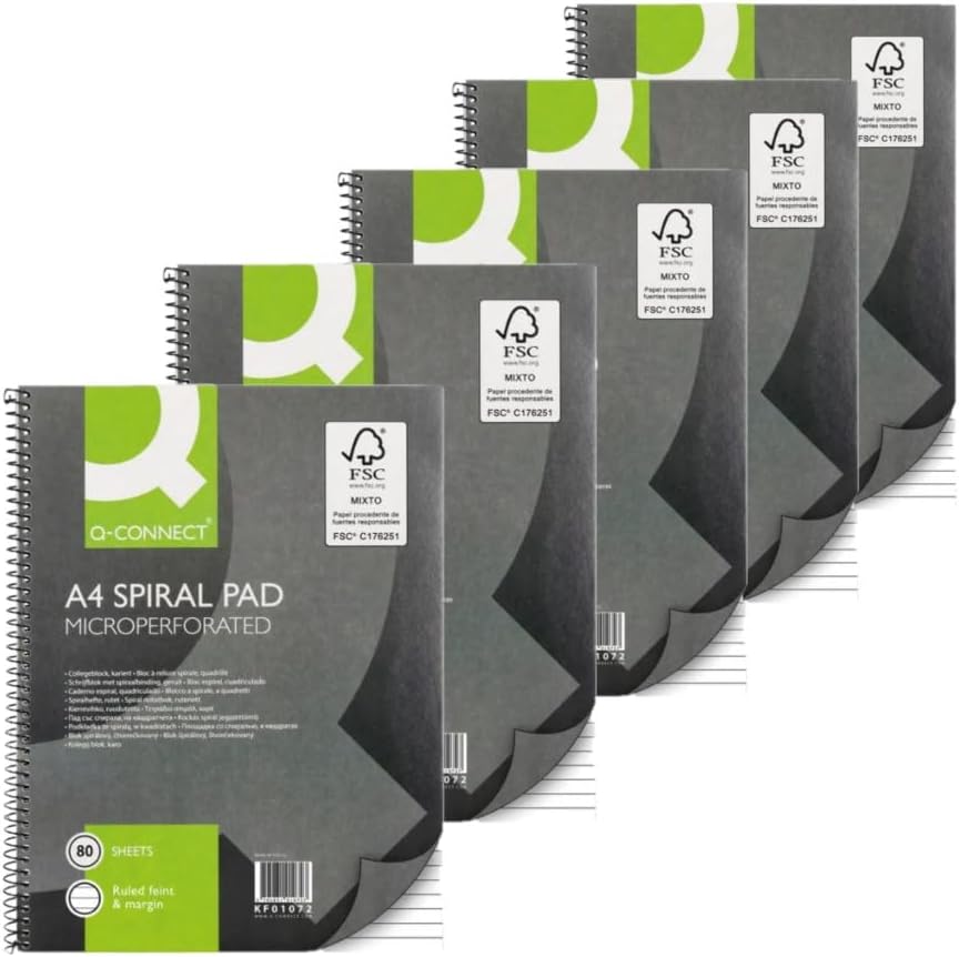 Q-Connect A4 Spiral Notebook 160 Pages 80g Margin Soft Cover Pack of 5