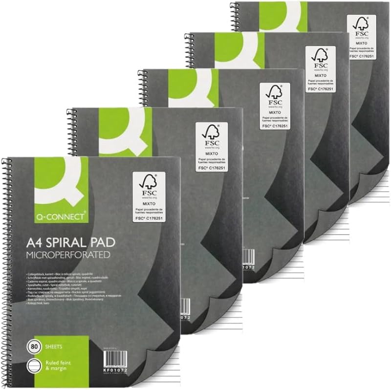 Q-Connect A4 Spiral Notebook 160 Pages 80g Margin Soft Cover Pack of 5