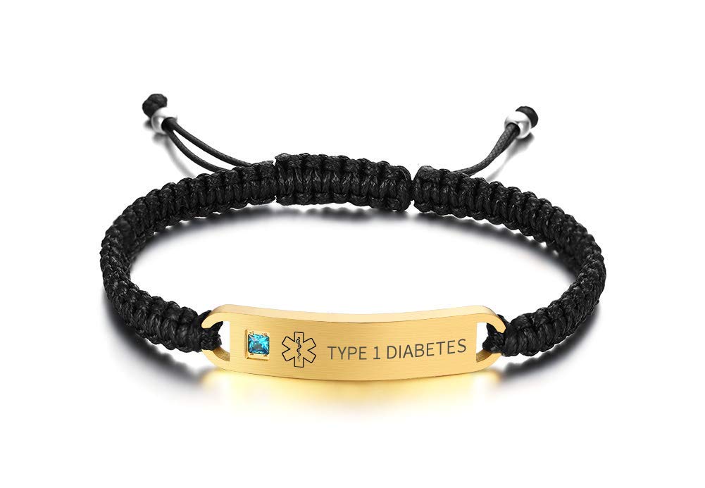 PJ JEWELLERY Type 1 Diabetes Handmade Adjustable Braided Rope Medical ID Bracelets Paracord Weaving Medical Alert Macrame ID Bracelets for Men Women