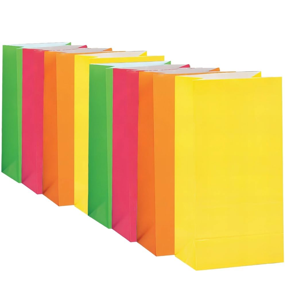 Assorted Neon Color Paper Party Bags (25cm x 12cm) 10 Count - Vibrant Colors for Birthdays, Celebrations, and Events