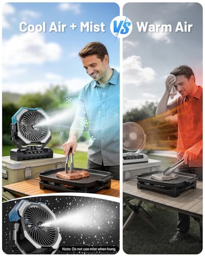 Misting Fan, Portable Camping Fans with 9oz Water Tank, 24000mAh Rechargeable Fan with 4 Speed, Battery Powered Fans with 120H Cooling, Last 5H Mist, 2 Mist Modes, Light, Outsides/Summer Essential