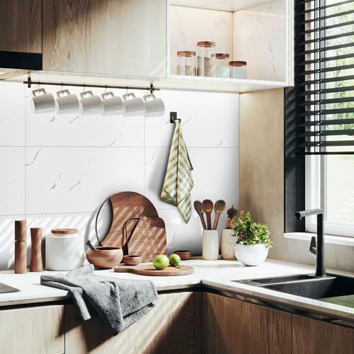 Vieshful 10 Adhesive Tiles 30 x 60 cm, Imitation Marble, Waterproof Adhesive Tiles for Kitchen, Bathroom, Living Room or TV Walls, White (Not Real Tiles)