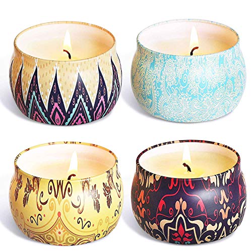 YYCH Scented Candles Gift Set, Natural Soy Wax 4 Oz Aromatherapy Candles, Soy Candles Gifts for Women Travel Candles in Tins Candles with Pure Essential Oil, Candles Womens Gifts 4 Pack