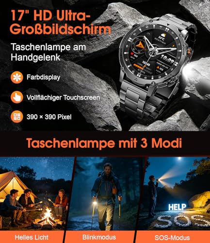 1400 mAh Battery Smartwatch Men, 1.7 HD Military Smart Watch with Phone Function, 110+ Sports Modes, IP68 Fitness Watch, Heart Rate/Sleep Monitor, LED Torch, Sports Watch for Android iOS, Grey Black